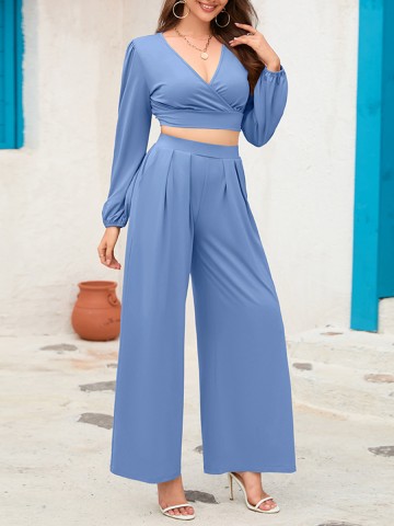 V-neck long sleeved short top wide leg pants set