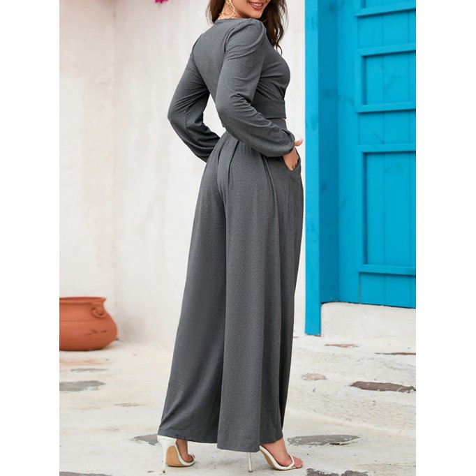 V-neck long sleeved short top wide leg pants set