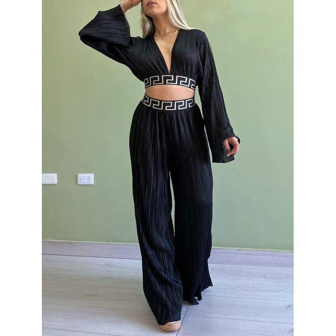 V-neck pleated flare sleeve shirt wide leg pants set