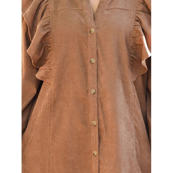 V-neck ruffled button loose fitting dress