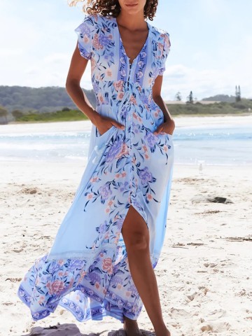 V-neck short sleeve Bohemian holiday floral slit dress