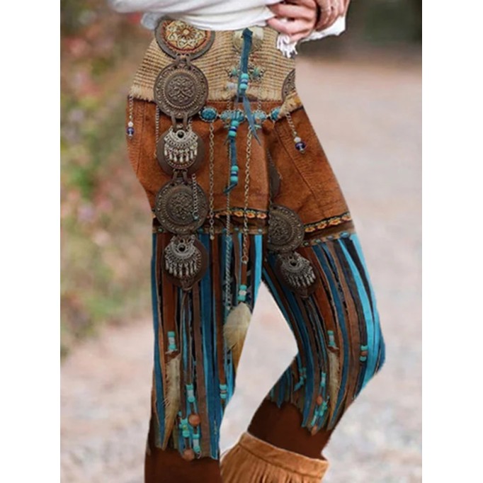 Vintage Western Tassel Print Casual Leggings