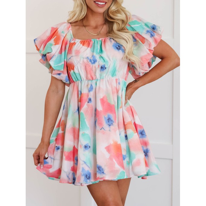 Watercolor pattern bubble sleeve dress