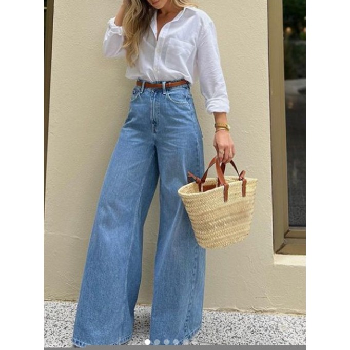 White simple elegant cotton loose shirt + denim trousers 2-piece set