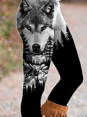 Wild Wolf Dark Forest Contrast Stretch Leggings