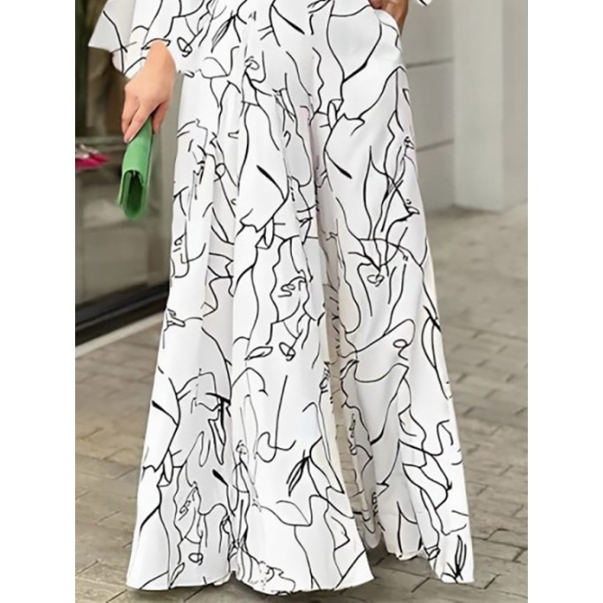 Women's art line graffiti print casual loose sleeved jumpsuit wide leg pants white