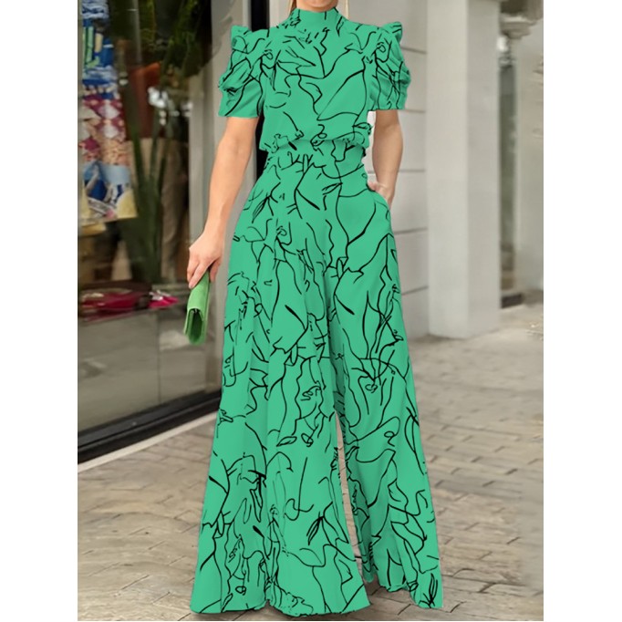 Women's art line graffiti print casual short sleeved jumpsuit wide leg pants green white