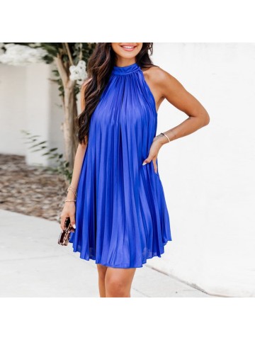 Women's blue elegant halter-neck pleated dress