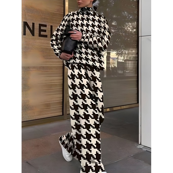 Women's Fashion Printing Loose High Neck Pants Long Sleeve Two Piece Set