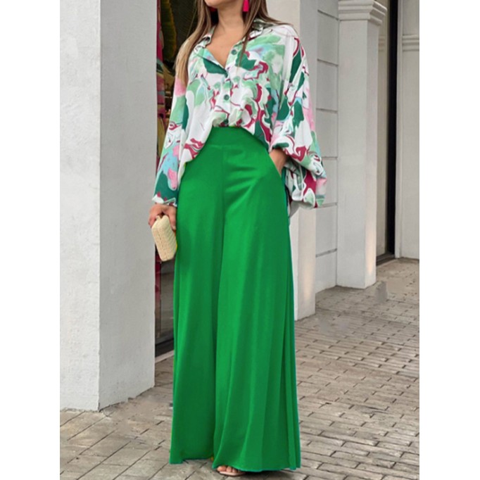 Women's Printed Shirt Temperament Elegant Wide Leg Pants Fashion Casual Suit