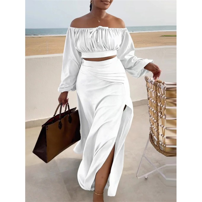 Women's Solid Color Slit Strapless Long Sleeve Top Halter Dress Set