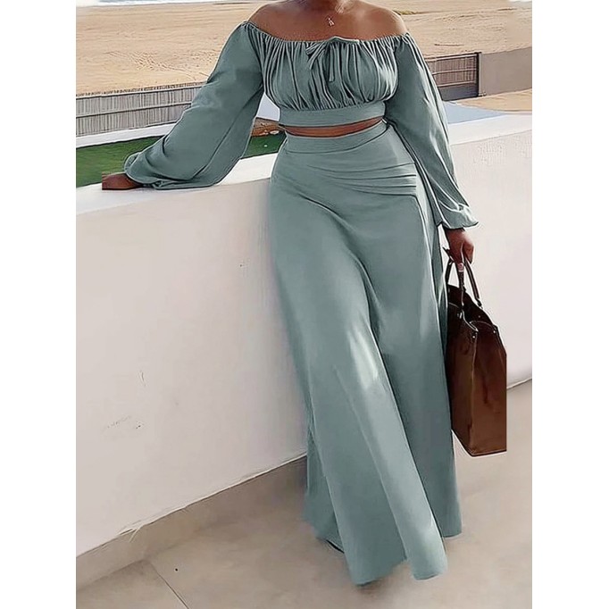 Women's Solid Color Slit Strapless Long Sleeve Top Halter Dress Set