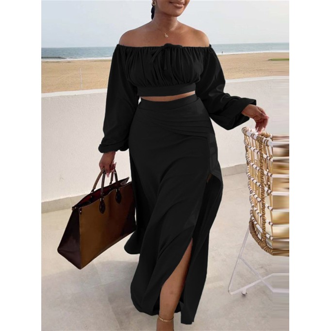 Women's Solid Color Slit Strapless Long Sleeve Top Halter Dress Set