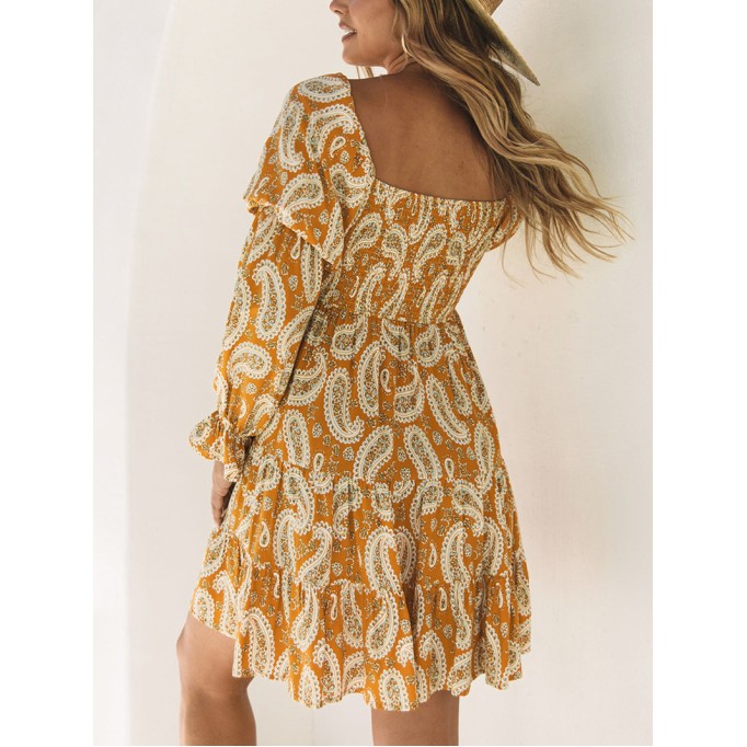 Yellow Boho Floral Collared Long Sleeve Ruffled Dress